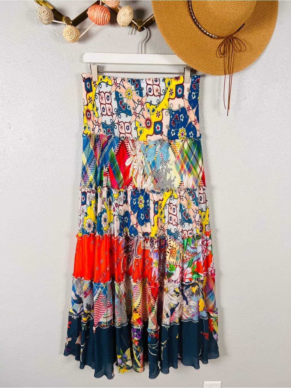 Johnny Was Tiered Patchwork Floral Boho Cottage Maxi Skirt Multicolor Size XS